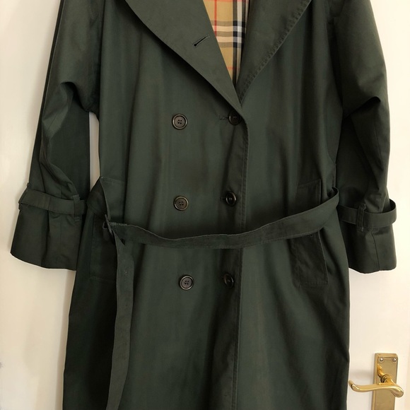 BURBERRYS Vintage 80s Trench Coat Mac Women's UK 10 Long Green Nova Check Belt - Picture 3 of 16